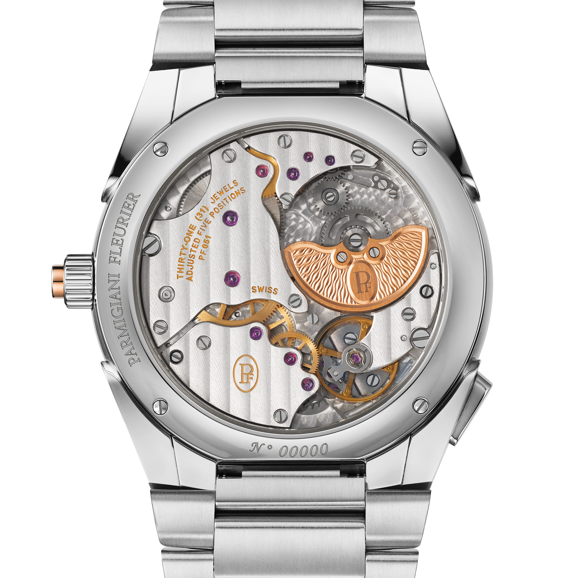 A soldier rendering of the caseback of the Parmigiani Fleurier Tonda PF GMT Rattrapante.