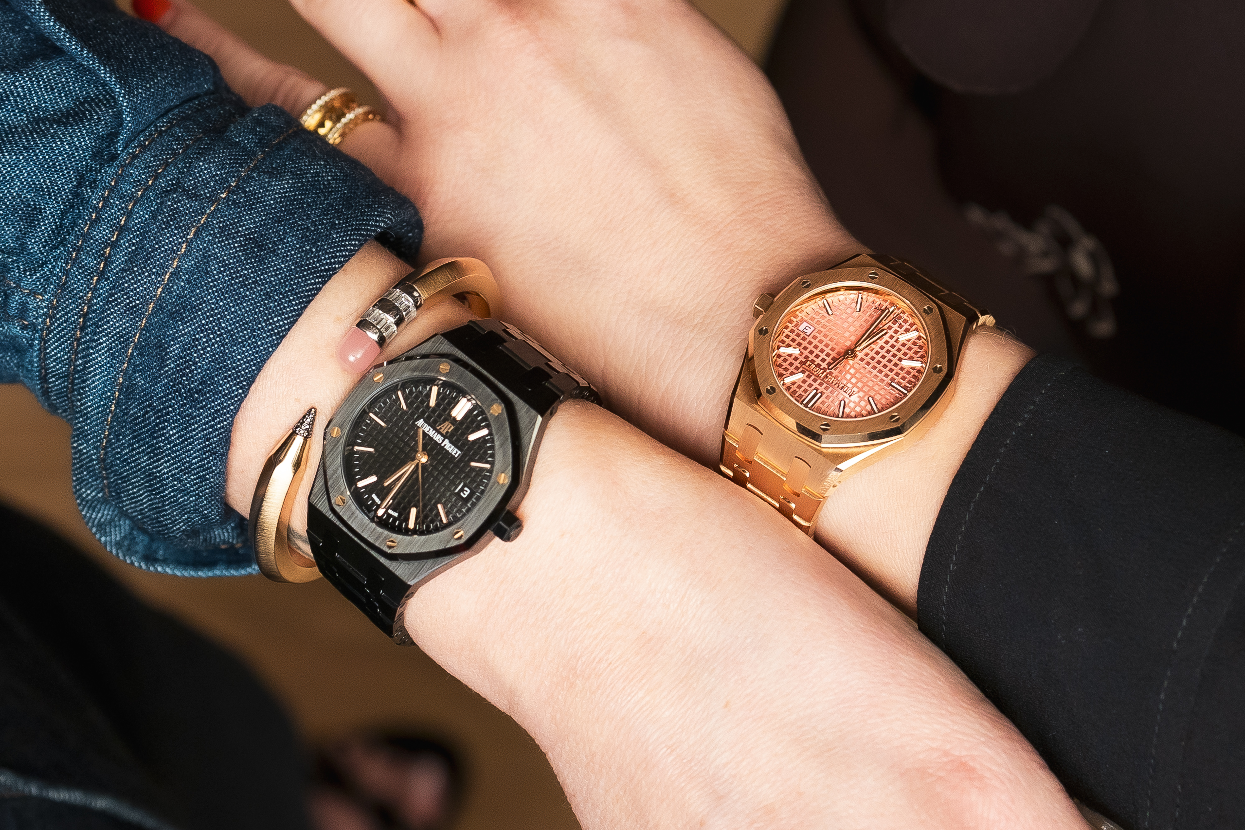 Cara Barett and Malaika Crawford wearing 34 mm Royal Oaks 