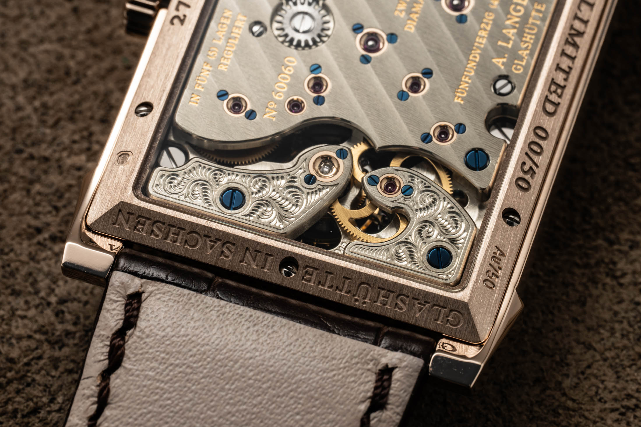 Lange Cabaret Tourbillon Honeygold Balance Cock Macro