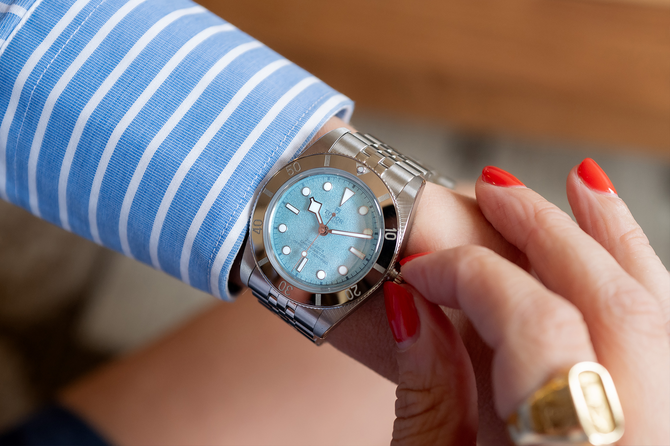 Tudor BB54 Lagoon Blue on wrist