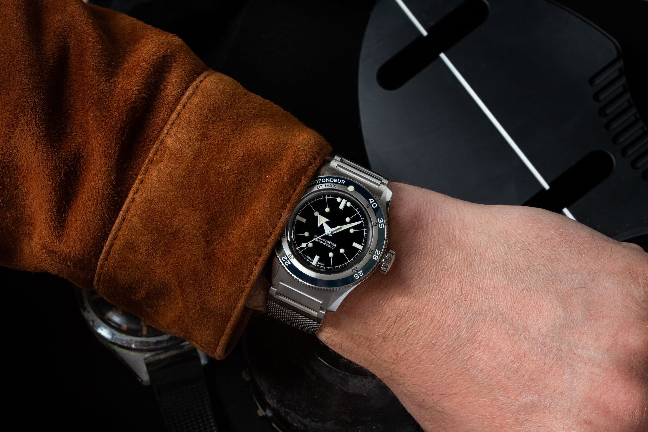 Wristshot on leather jacket