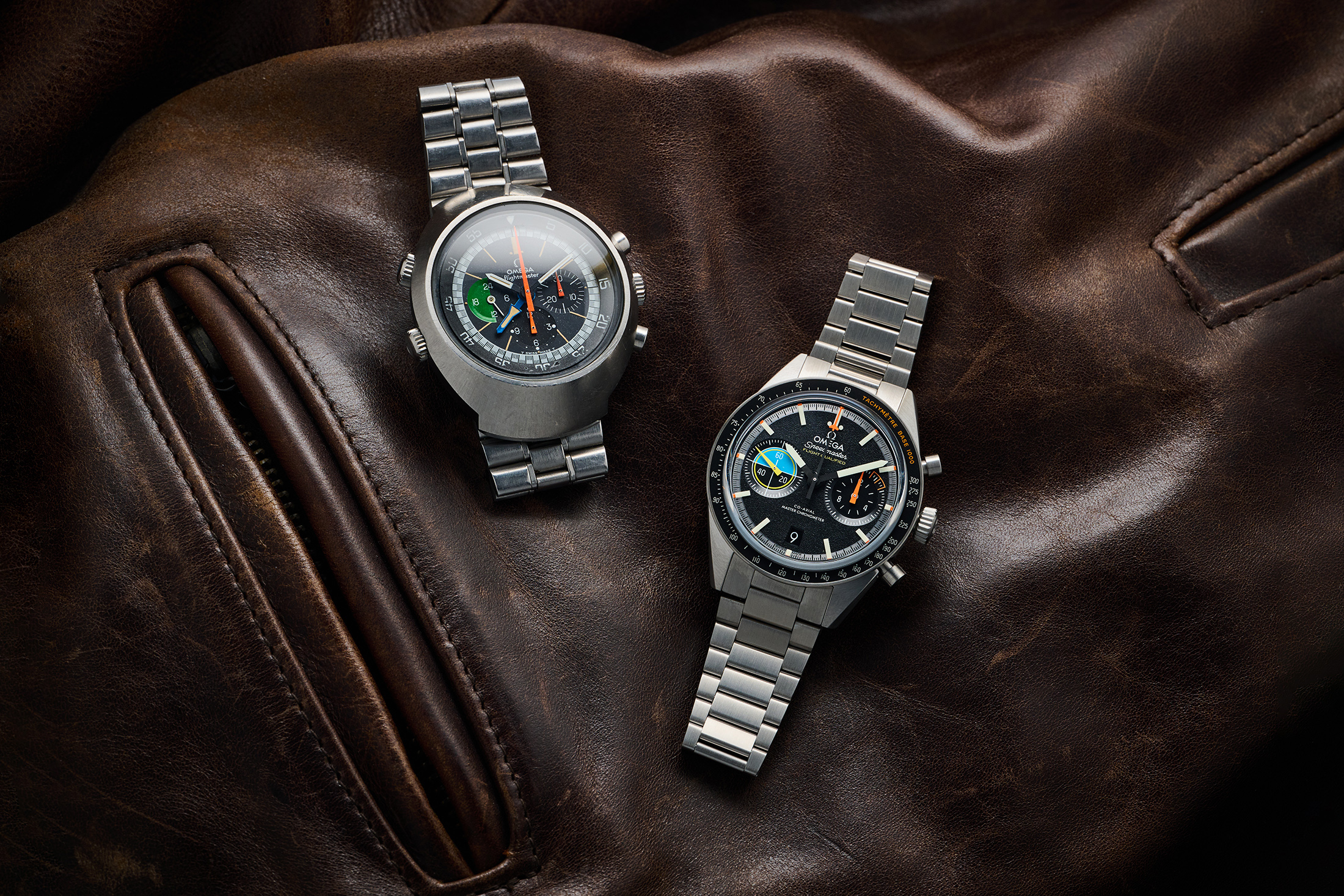Speedmaster Pilot and a Flightmaster on a leather jacket
