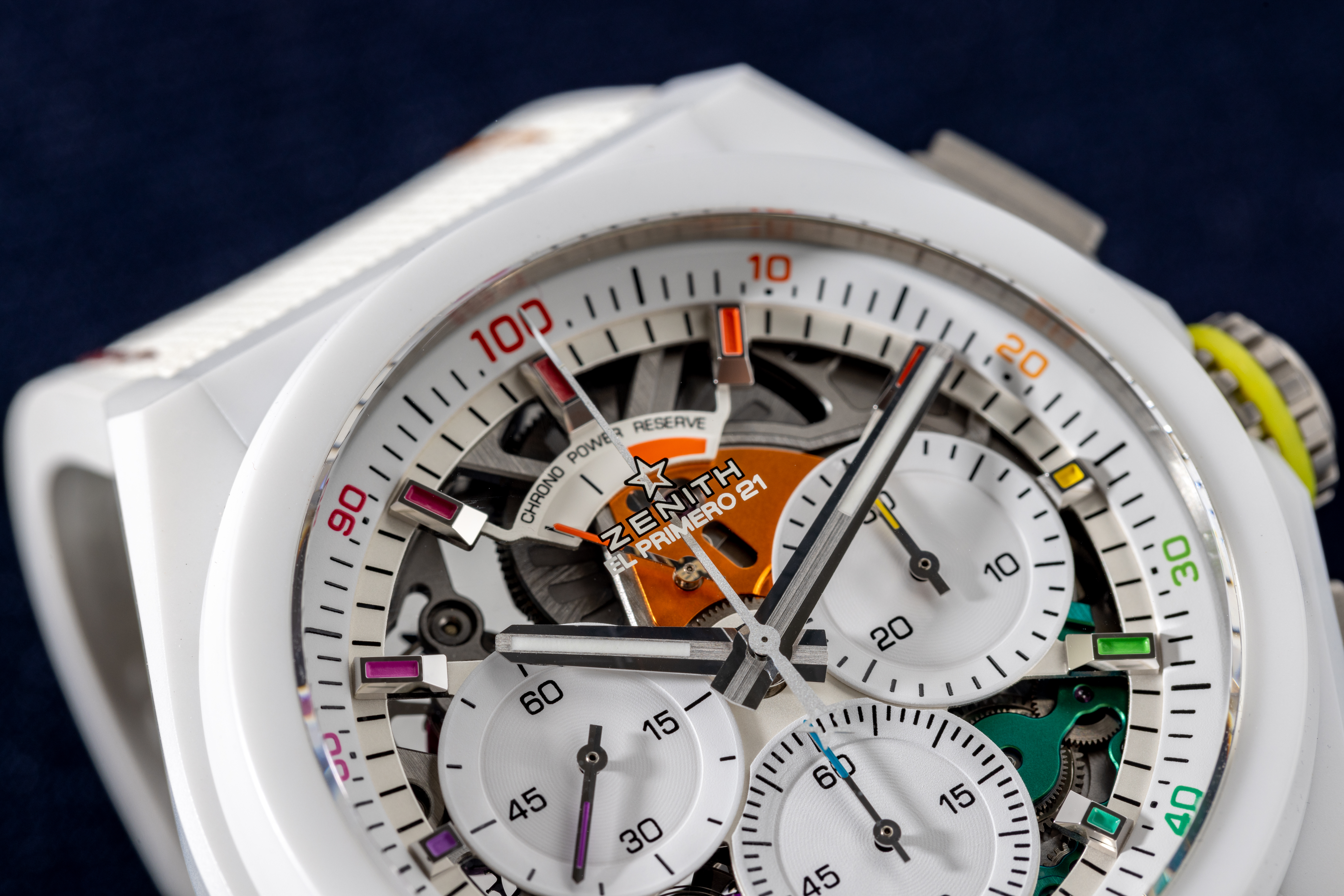 A three-quarter close-up on the dial of the Zenith Defy 21 Chroma
