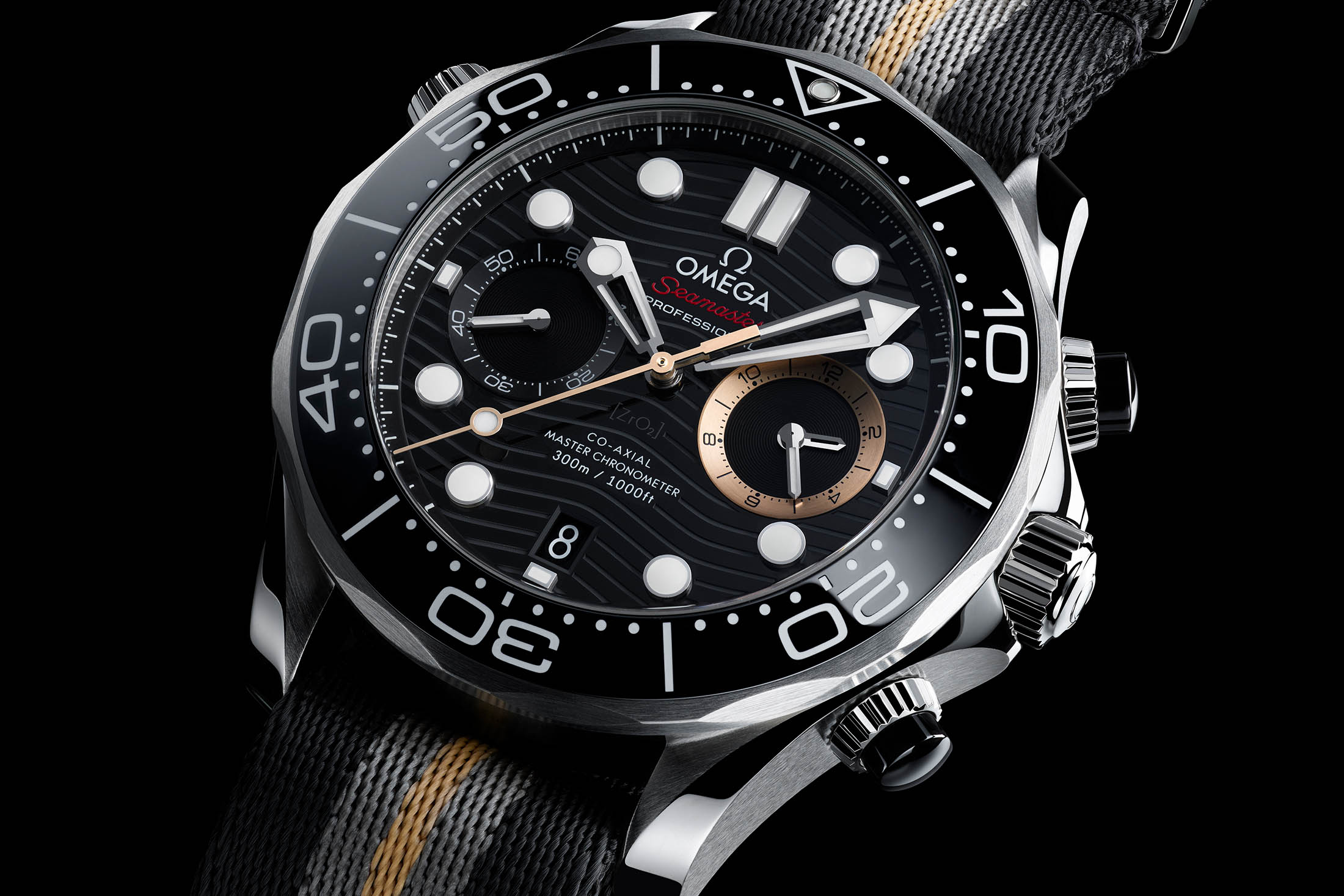 007 First Light Seamaster Chronograph Slanted Closeup