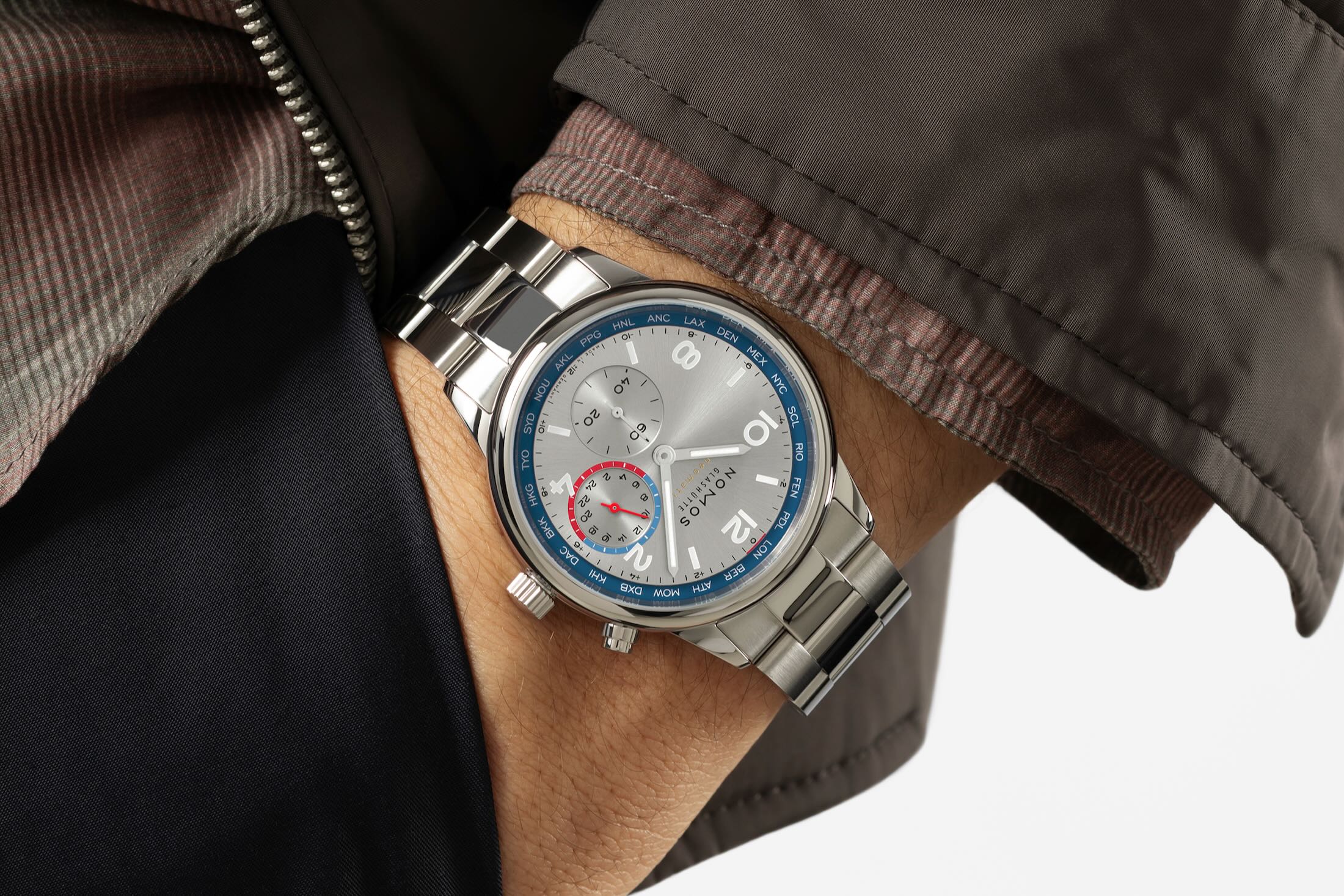 Wristshot of silver worldtimer