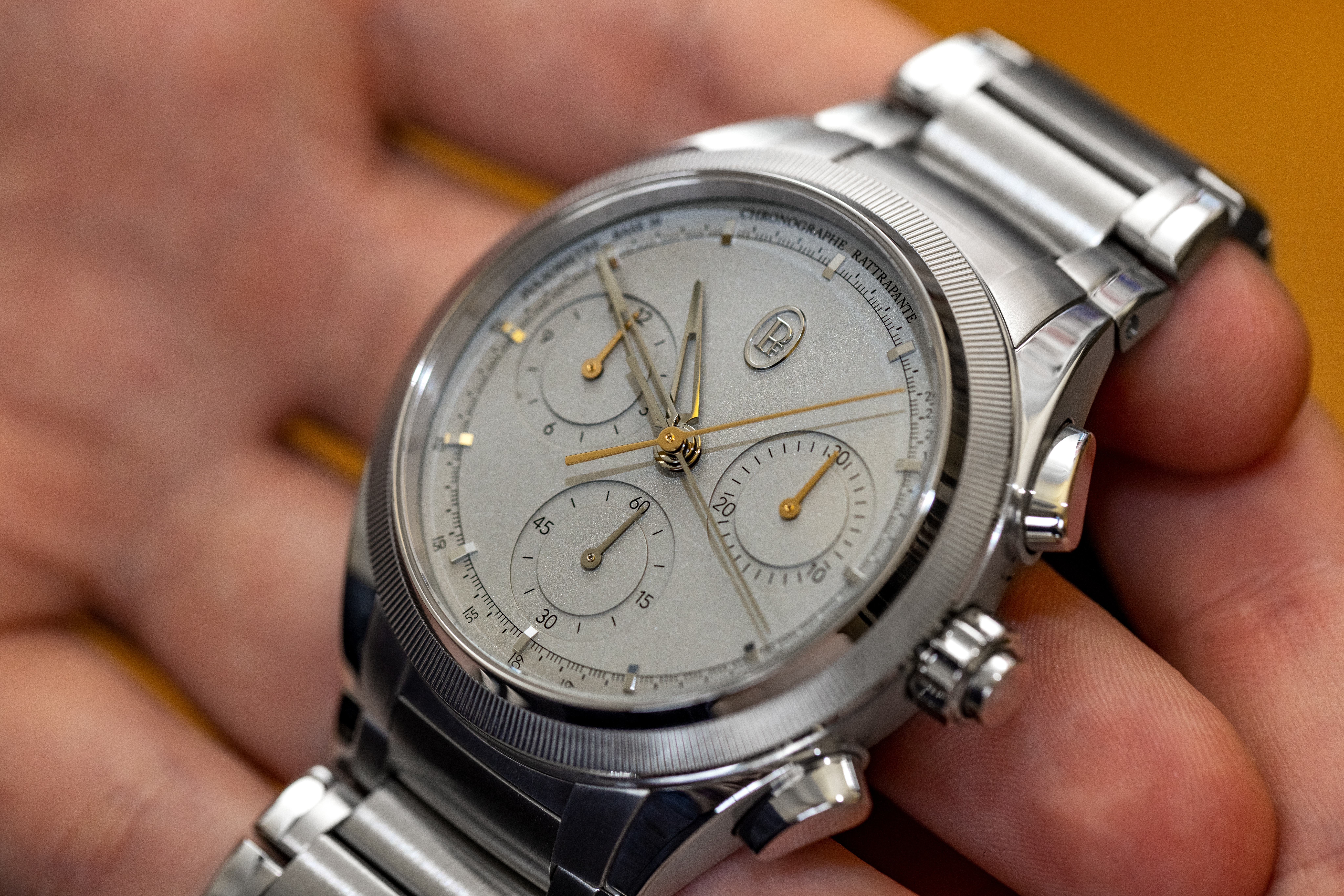 A man holds the Tonda PF Split-Seconds in his palm.