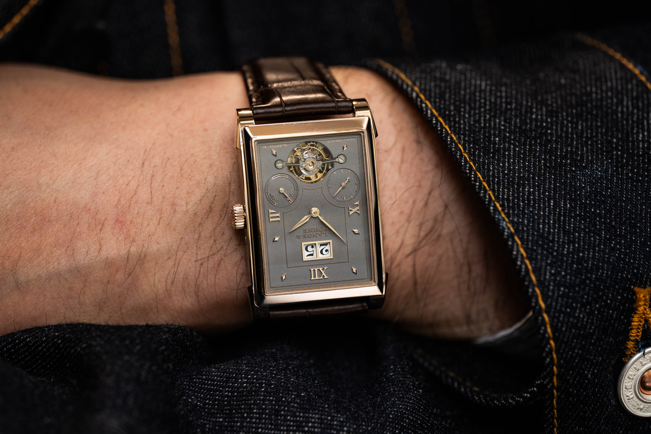 Lange Cabaret Tourbillon Honeygold Upside Down Wristshot