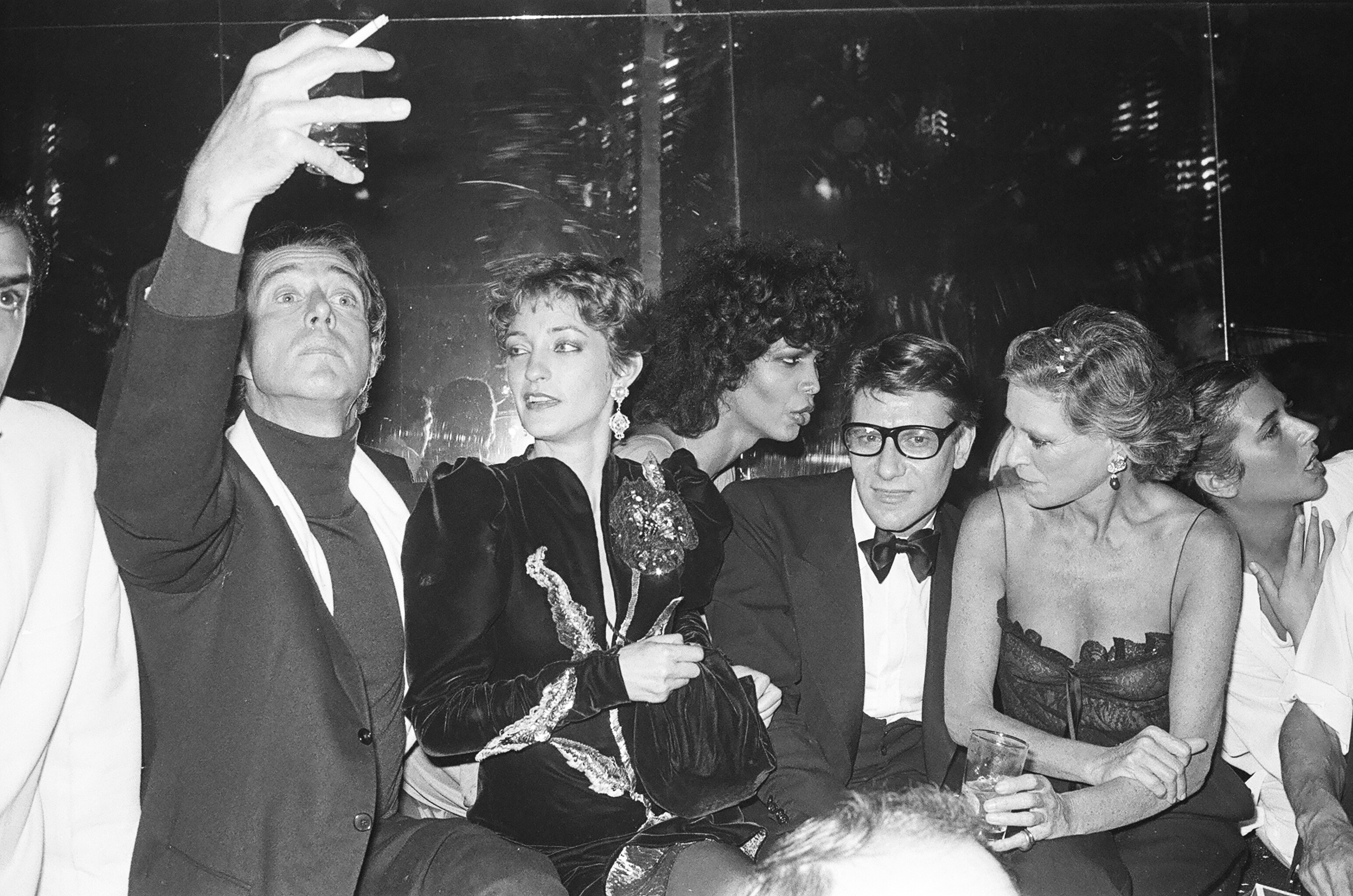 Halston, Loulou de la Falaise, Potassa, Yves St Laurent, and Nan Kempner at the Opium party at Studio 54 on September 20, 1978 in New York City