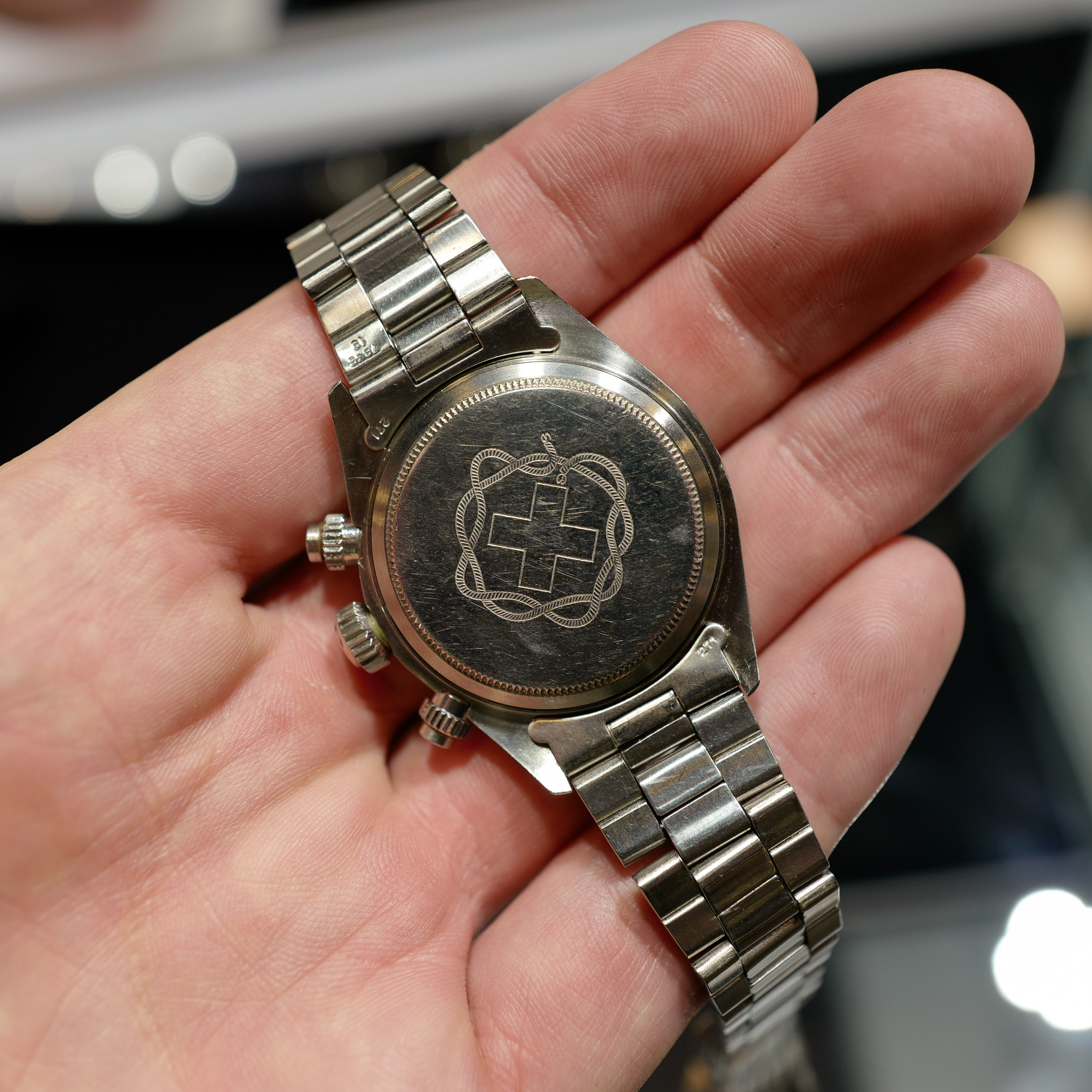 The caseback of a Rolex Daytona ref. 6263 Paul Newman