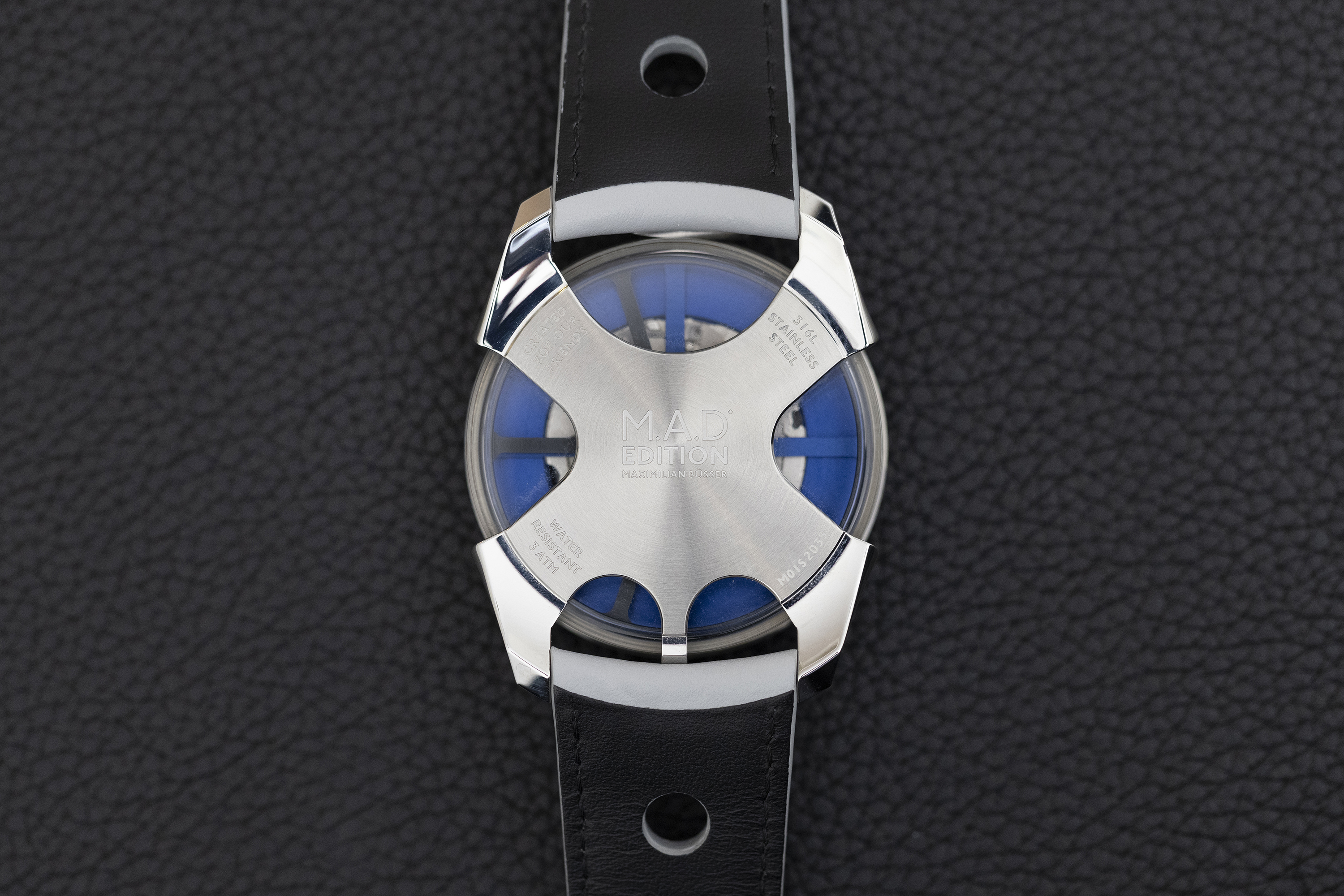 M.A.D. 1 watch, with Miyota movement, time read on two cylinders visible through the case flank. Collection of Max Büsser.