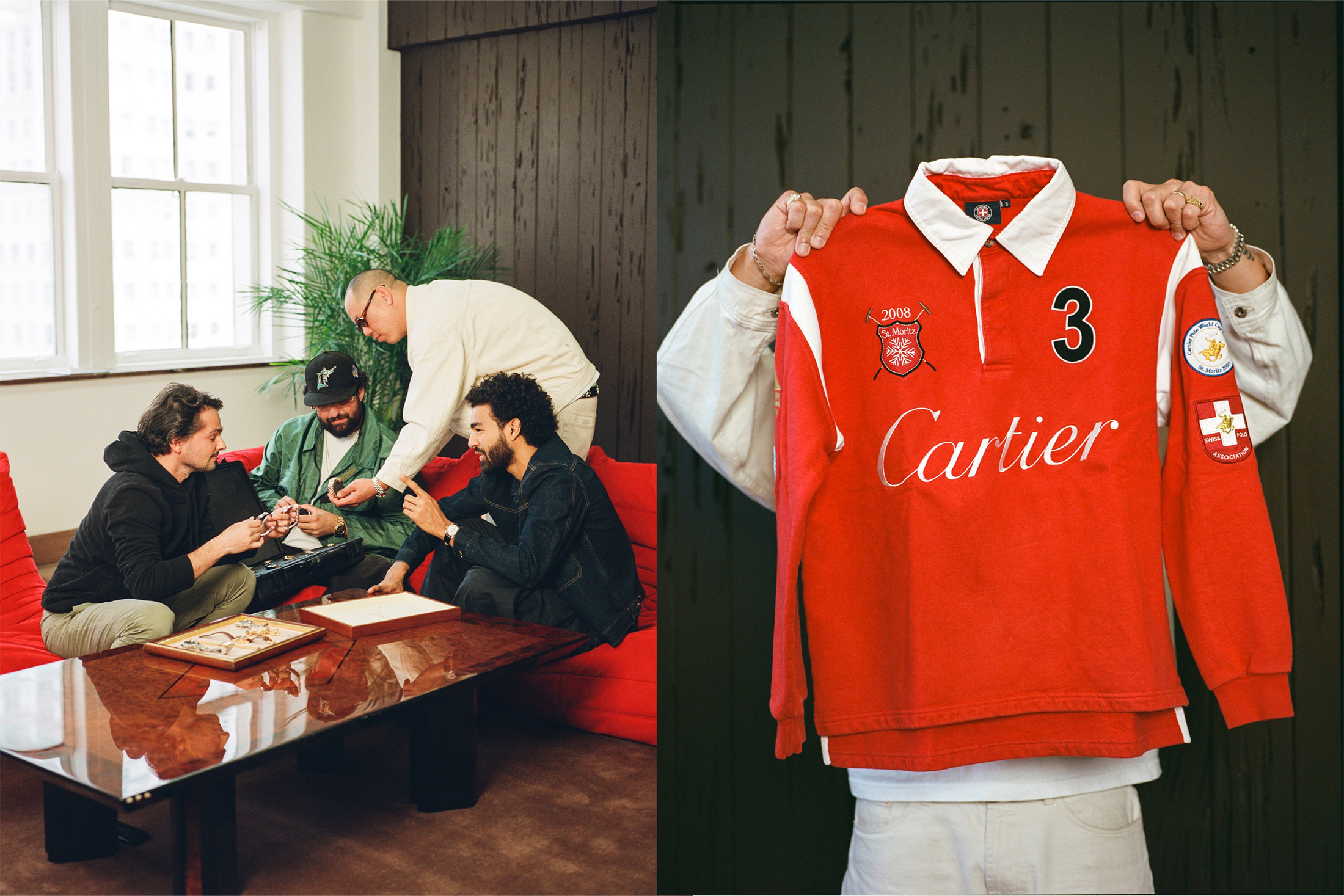 Portrait of Very Special and Mike Tran holding up a Cartier shirt