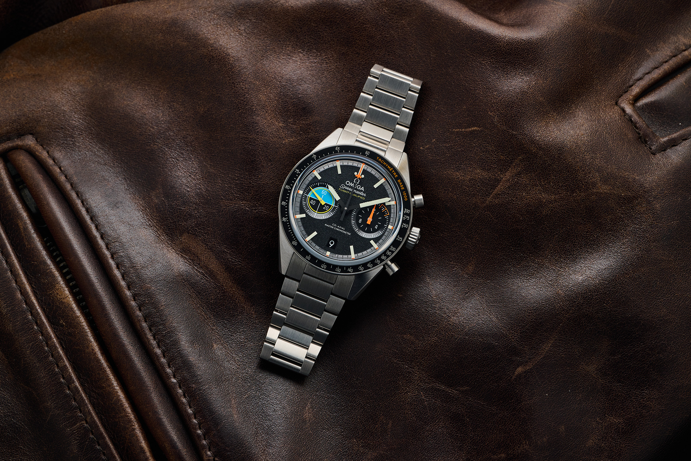 Speedmaster Pilot on a leather jacket
