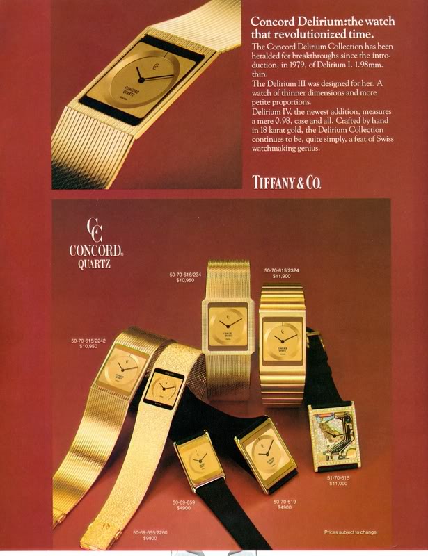 1970s advertisement for the Concord Delirium ultra thin quartz watches.