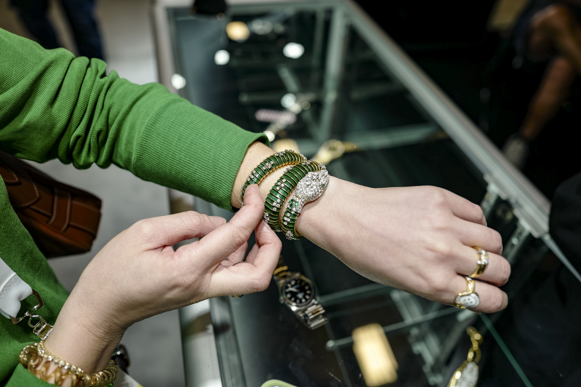 A Bulgari Serpenti on the wrist.