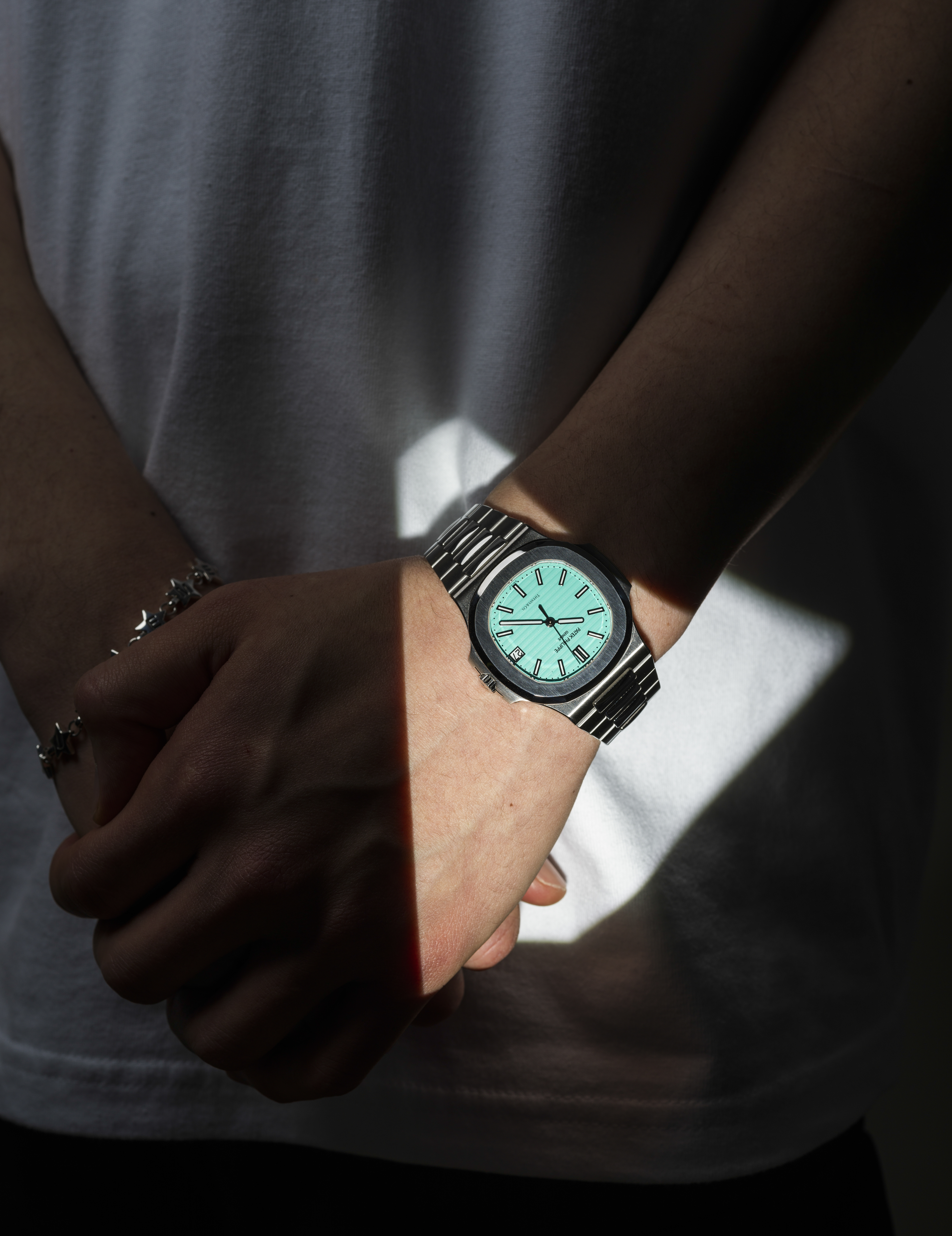 A wrist shot of the Tiffany-Blue Patek Philippe Nautilus 5711